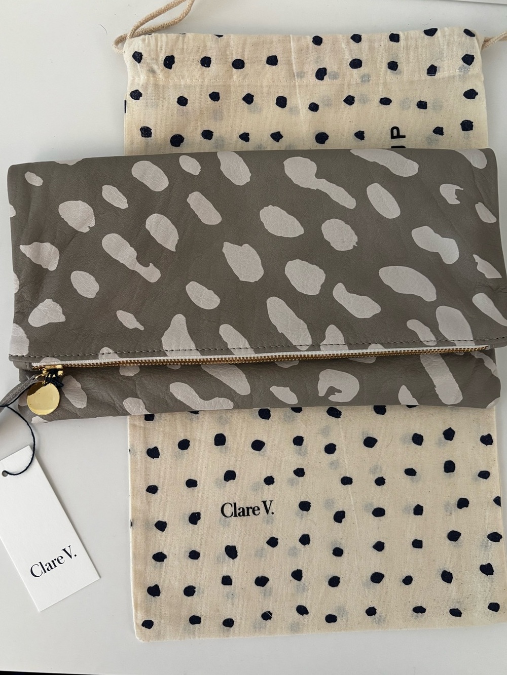 NWT Clare V. Leather Fold-Over Clutch Grey/Off White Animal Print w/ Dustbag
